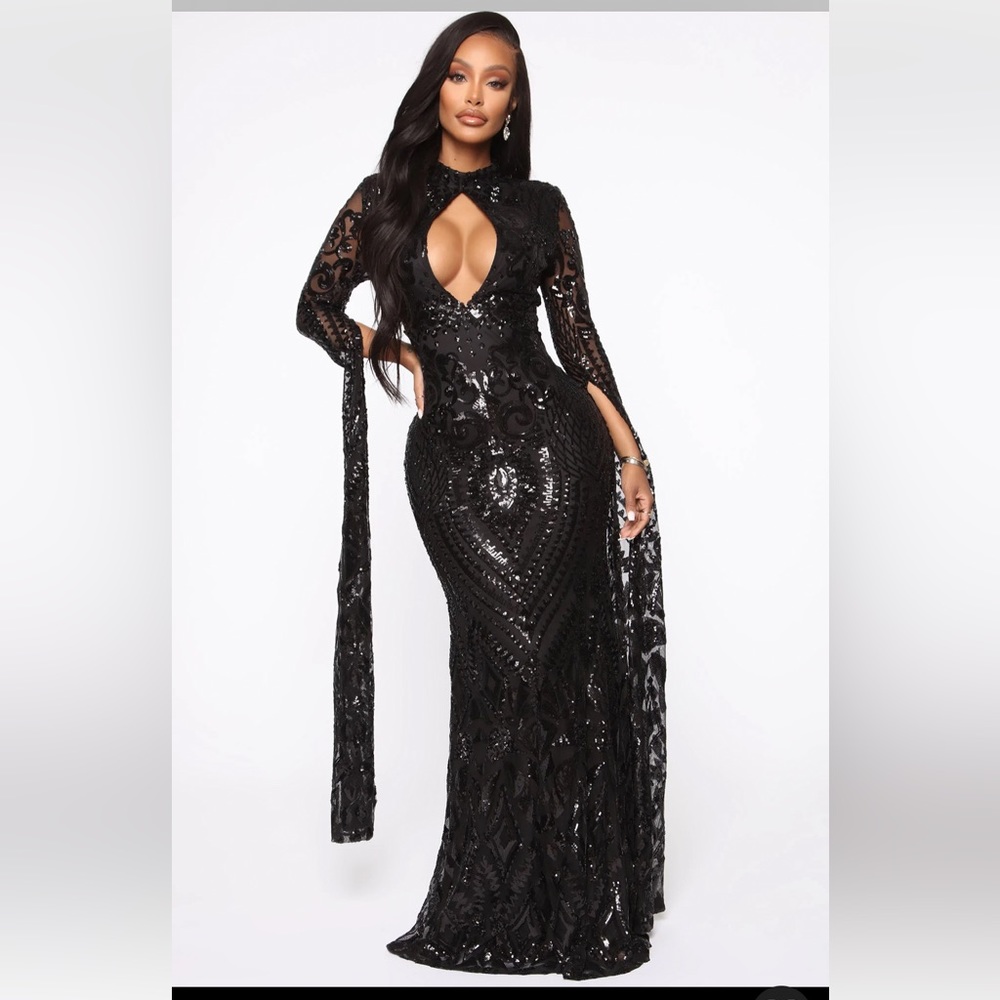 Long black formal gown with long split sleeves, sequin